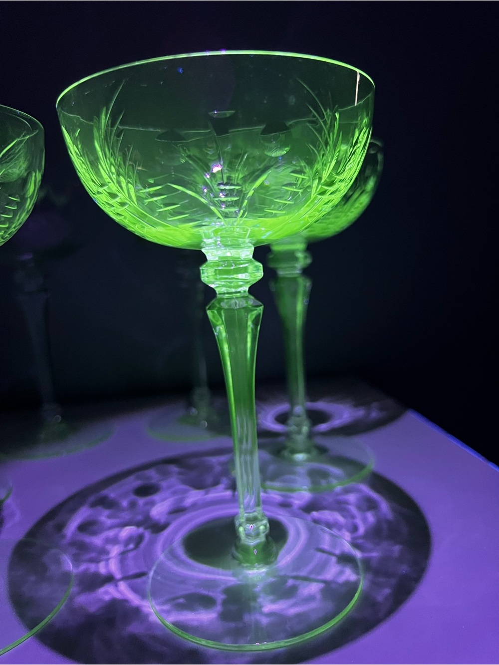 Glowy Glass- Set Of 6 Vintage Etched Tall Champagne/Sherbet Glasses-SEE PICS- UV